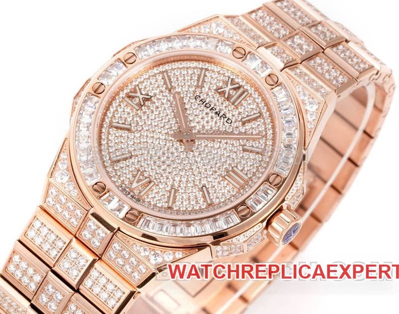 Chopard's best replica watch GH factory Xueshan Aoyi 41mm pavé diamond rose goldsteel bracelet model front live photo