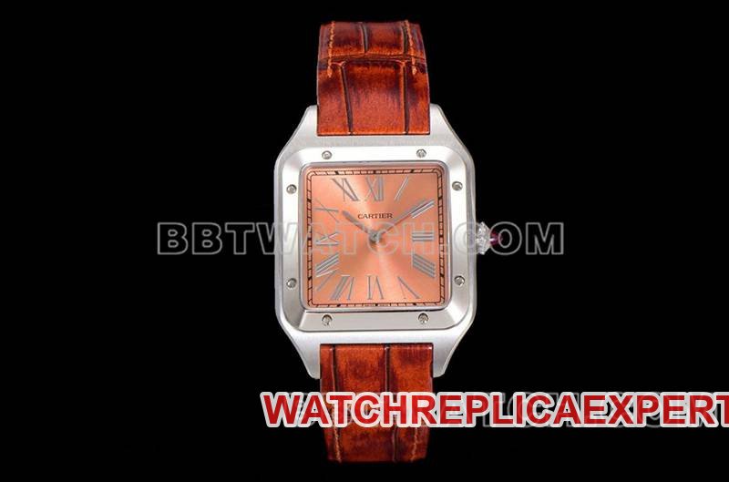 Réplica de relógio de alta qualidade da Cartier F1 Factory Santos mostrador rosa pulseira de couro de quartzo mecânico Cartier — luxury replica watch guide | Watch Replica Expert