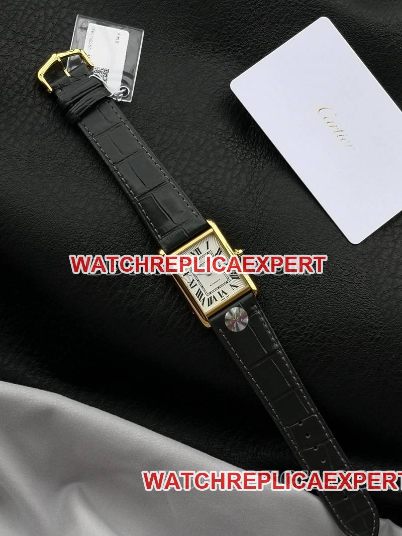 Cartier super clone watch F1 factory tank white dialyellow gold case 2899MCmovementleather strap model front live photo