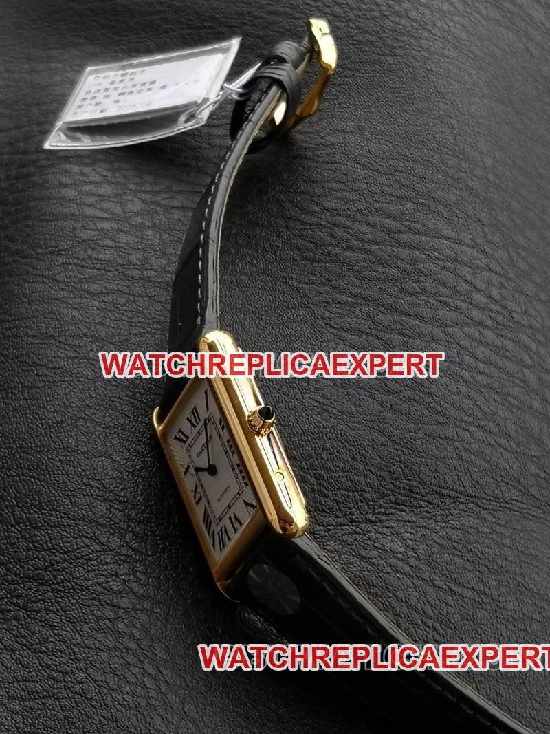 Cartier super clone watch F1 factory tank white dialyellow gold case 2899MCmovementleather strap model side live photo
