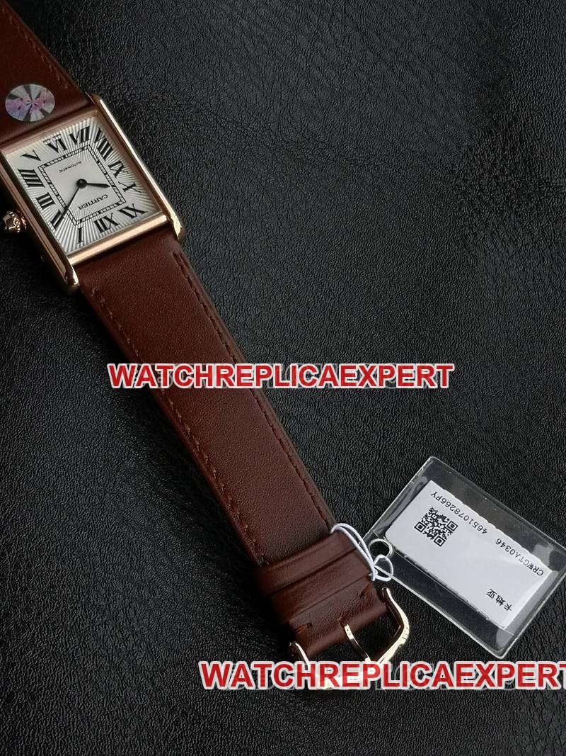 Cartier best replica watch F1 factory tank white dialrose gold case 2899MCmovementleather strap model front live photo