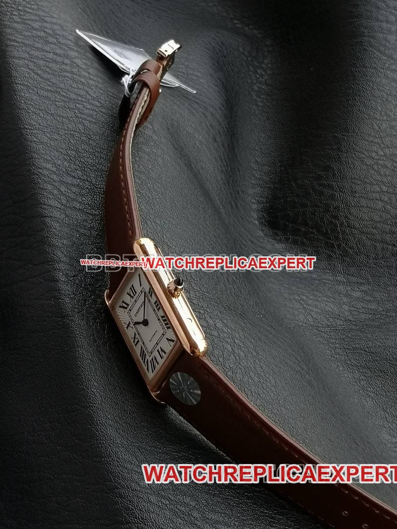 Cartier best replica watch F1 factory tank white dialrose gold case 2899MCmovementleather strap model side live photo