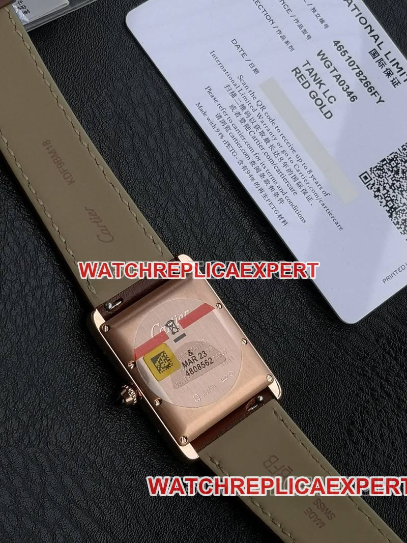Cartier best replica watch F1 factory tank white dialrose gold case 2899MCmovementleather strap model caseback live photo