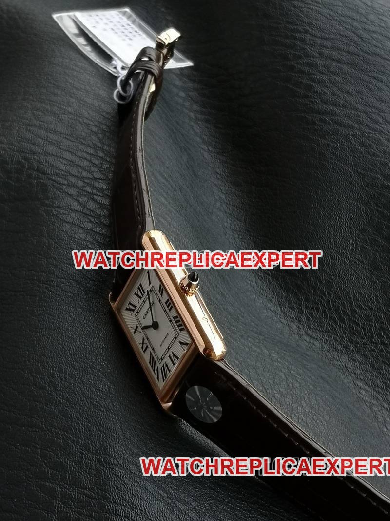 Cartier1:1replica watch F1 factory tank white dialrose gold case 2899MCmovementleather strap model side live photo