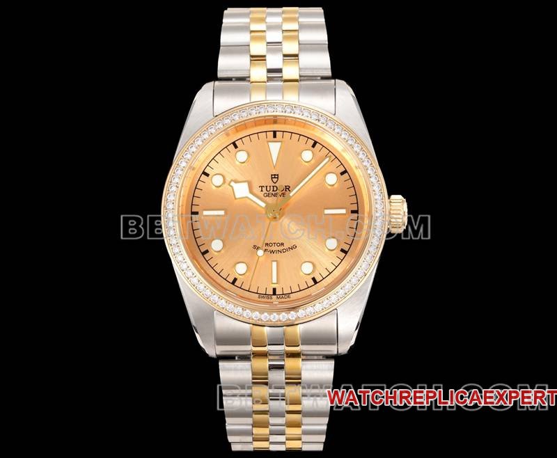 Tudor Black Bay 41 mm V9 Factory Biwan mechanische Goldstahlarmband Replik-Uhr mit Swarovski-Diamantring — luxury replica watch guide | Watch Replica Expert