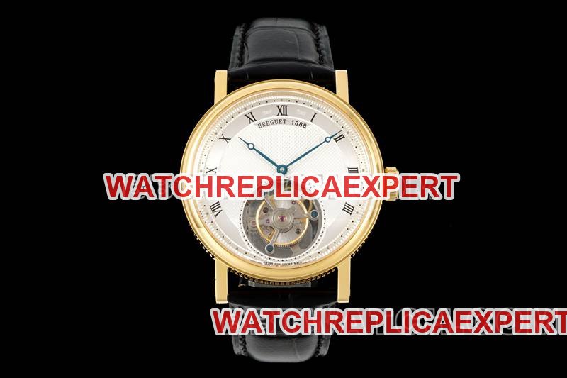 Breguet RMS Factory Classic Silver-White Dial Tourbillon Ouro Amarelo Pulseira de Couro Mecânica Réplica de Relógio Masculino — luxury replica watch guide | Watch Replica Expert