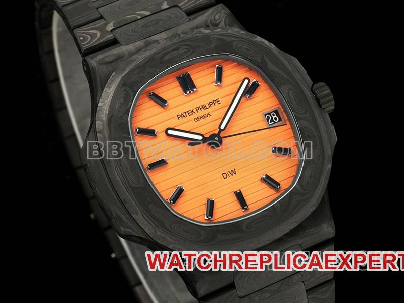 Patek Philippetop-tier replica watch DIW factory Nautilus orange plate carbon fiber mechanical steel bracelet model 5711front live photo