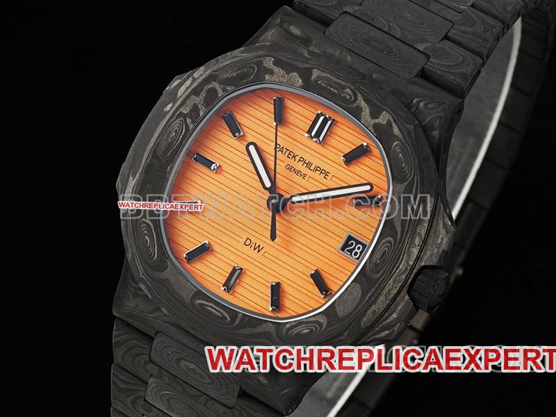 Patek Philippetop-tier replica watch DIW factory Nautilus orange plate carbon fiber mechanical steel bracelet model 5711front live photo
