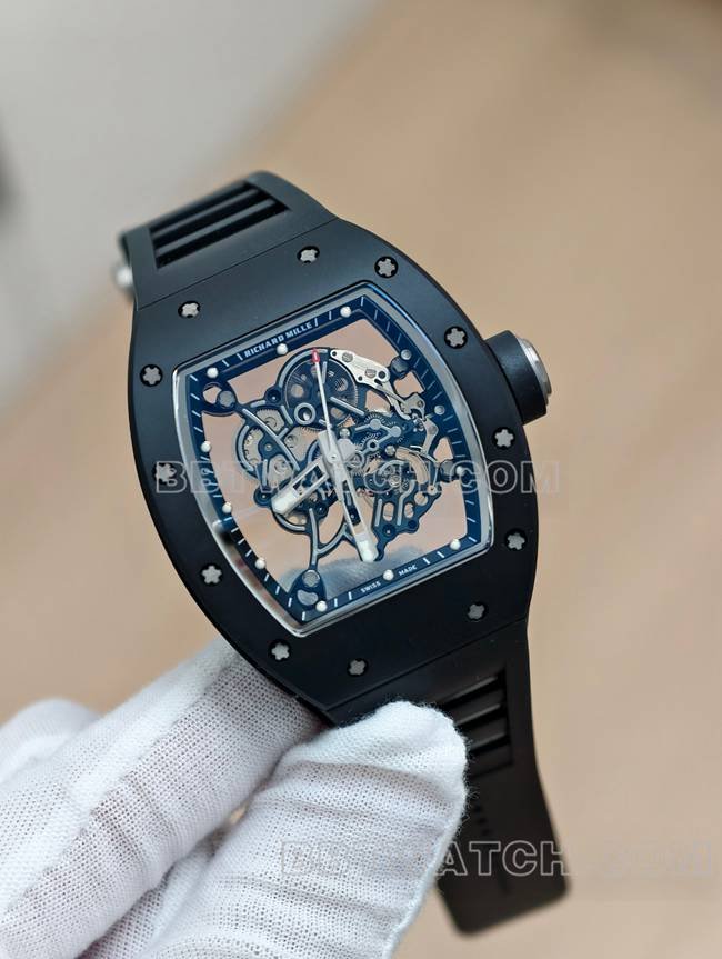 Richard Mille montre réplique haut de gamme usine APS tourbillon mécanique céramique noire caoutchouc modèle RM055photo de face