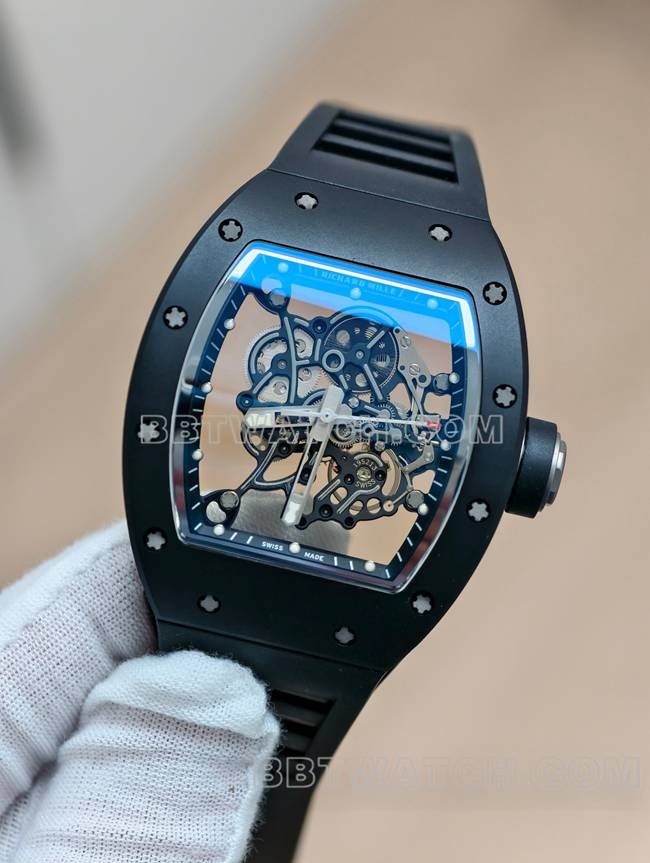 Richard Mille montre réplique haut de gamme usine APS tourbillon mécanique céramique noire caoutchouc modèle RM055photo de face