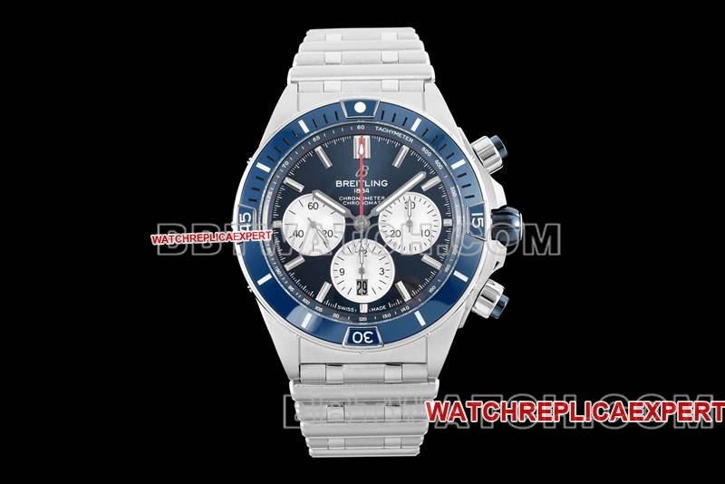 Réplica óptima de relojes Breitling de 44 mm, cronógrafo mecánico de fábrica TF, modelos de correa de acero con placa azul — luxury replica watch guide | Watch Replica Expert
