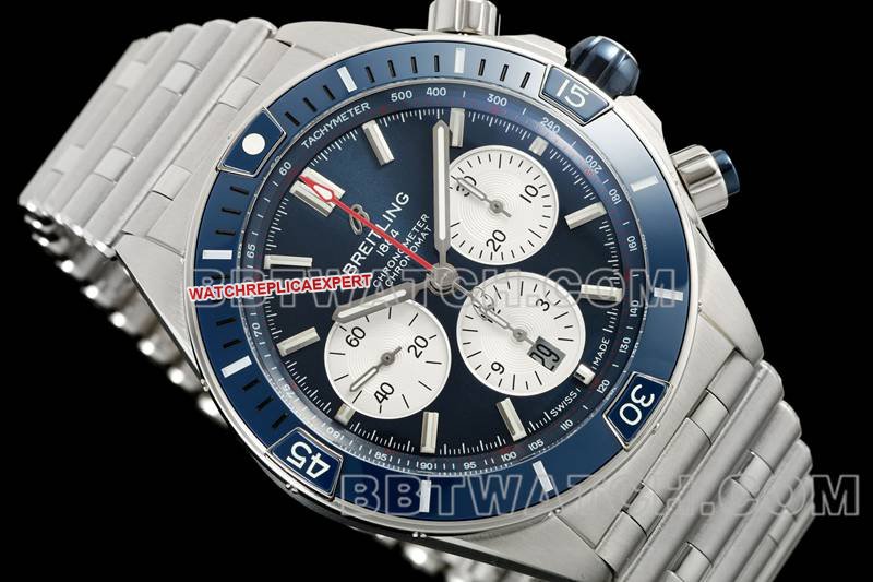 Breitling's best replica watch TF factory mechanical chronograph blue dial 44mm steel bracelet model front live photo