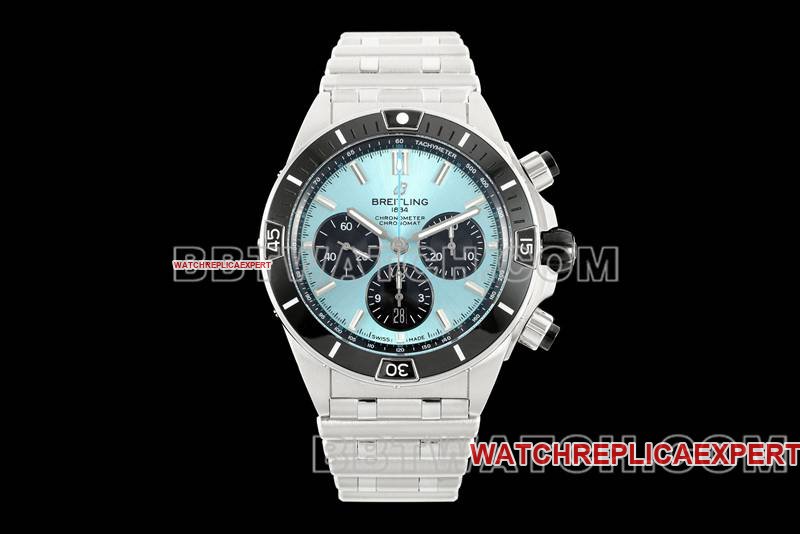 Reloj Super Clone TF Factory Cronógrafo mecánico Esfera azul claro Correa de acero de 44 mm Modelo Breitling — luxury replica watch guide | Watch Replica Expert