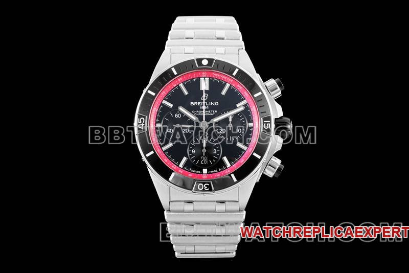 Réplica óptima de relojes TF Factory Cronógrafo mecánico Disco negro y rojo Modelos de correa de acero Breitling de 44 mm — luxury replica watch guide | Watch Replica Expert