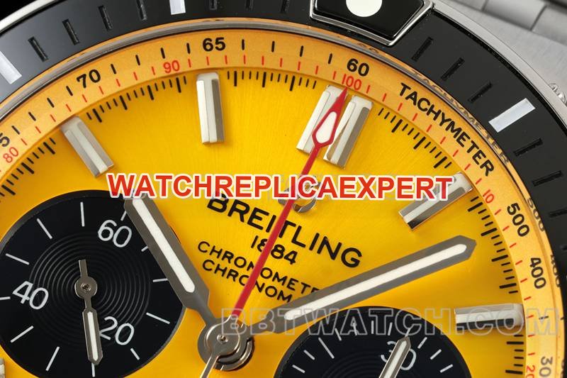 Breitling 1:1 replica watches TF factory mechanical chronograph yellow disk 44mm steel belt models front real picture