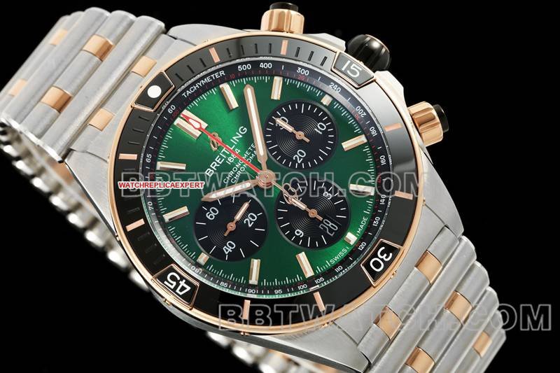 Breitling super clone montre TF factory chronographe mécanique cadran vert 44mm bracelet acier doré photo en direct face