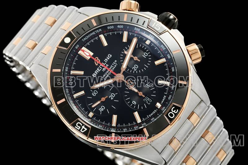 Breitling best replica watch TF factory mechanical chronograph black dial 44mm gold steel bracelet front live photo