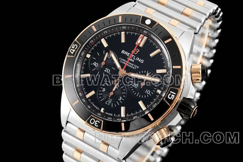 Breitling best replica watch TF factory mechanical chronograph black dial 44mm gold steel bracelet front live photo