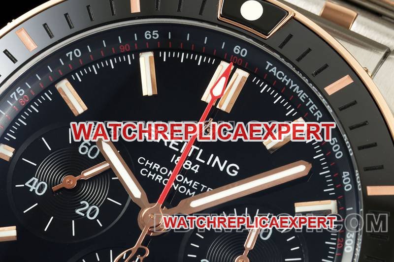 Breitling best replica watch TF factory mechanical chronograph black dial 44mm gold steel bracelet front live photo