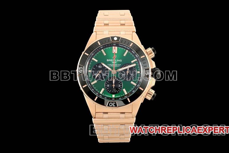 Réplica óptima de relojes Breitling de 44 mm TF cronógrafo mecánico de fábrica disco verde modelos de correa de acero en oro rosa — luxury replica watch guide | Watch Replica Expert