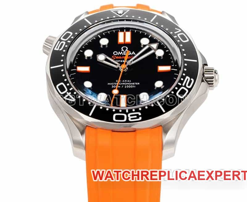 Omega best replica watch OR factory Seamaster 300m black dial mechanical orange rubber model front live photo
