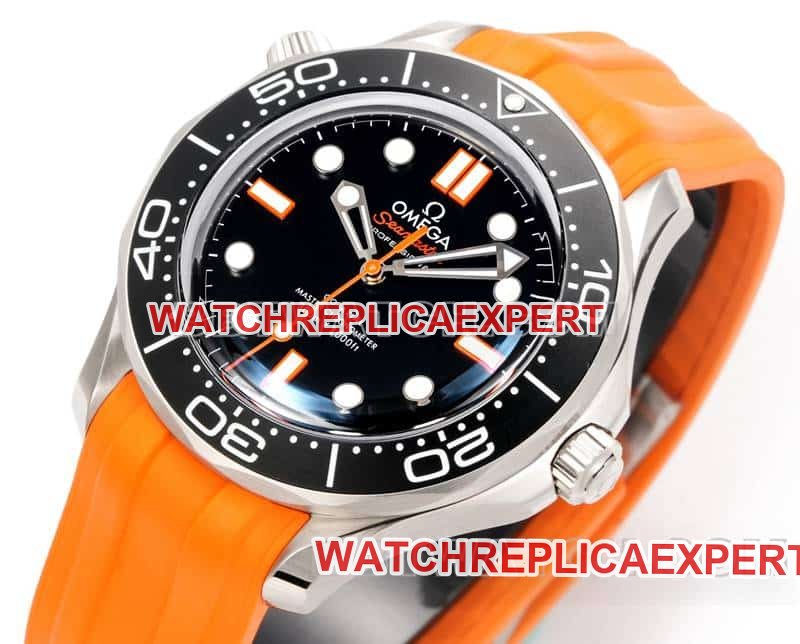 Omega best replica watch OR factory Seamaster 300m black dial mechanical orange rubber model front live photo