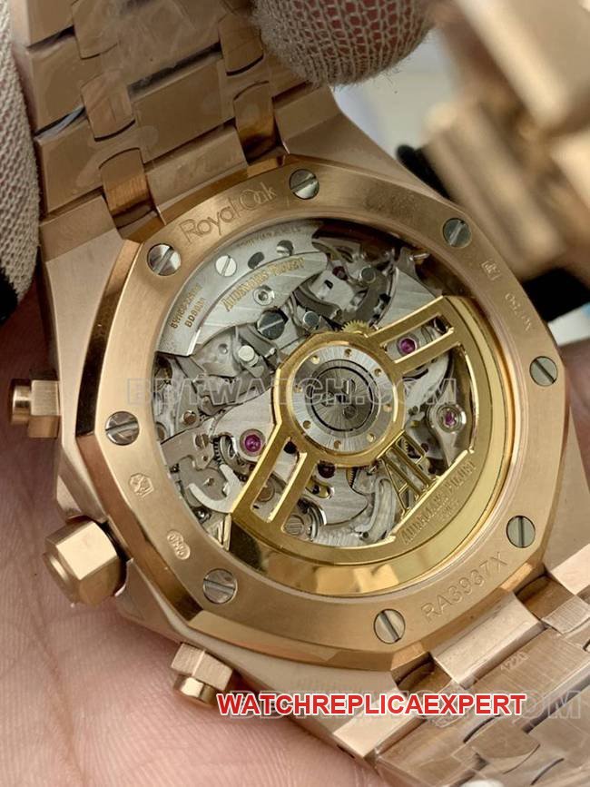 top-tier replica watch Audemars PiguetBLS factory Royal Oakrose goldblack dial mechanical 26420caseback live photo