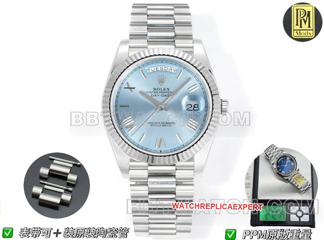 1:1 réplica relógio Rolex PPM fábrica Rolex dia-data mecânico mostrador azul gelo algarismos romanos — luxury replica watch guide | Watch Replica Expert