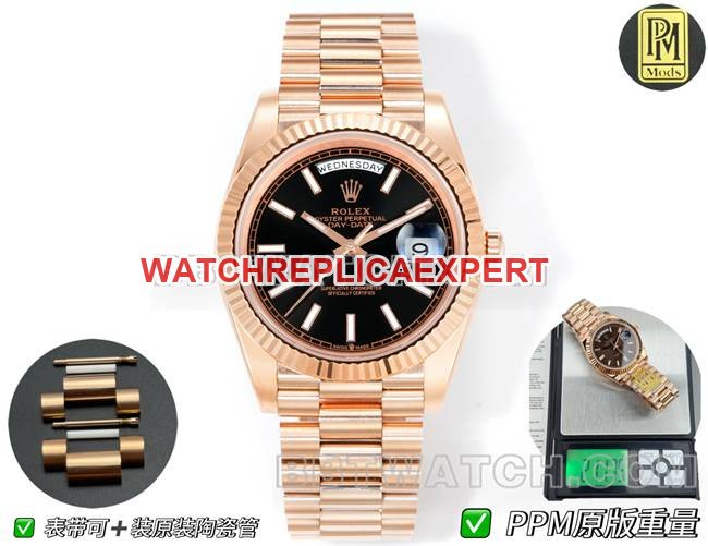 1:1 réplica relógio dia-data fábrica PPM Rolex mostrador preto mecânico ouro rosa Rolex — luxury replica watch guide | Watch Replica Expert