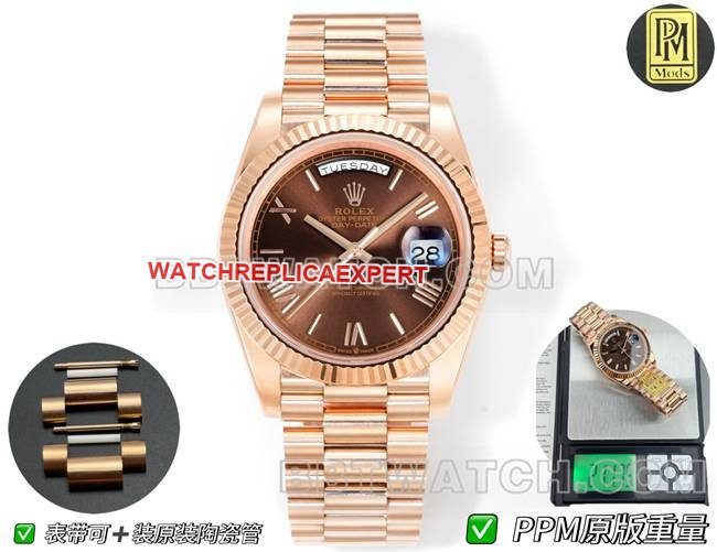 Relógio Super Clone Day-Date PPM Fábrica Rolex Mecânico Mostrador Marrom Algarismos Romanos Ouro Rosa Rolex — luxury replica watch guide | Watch Replica Expert