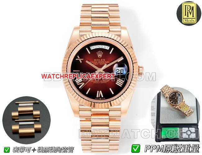 Réplica de alta qualidade Rolex ouro rosa PPM fábrica dia-data mostrador mecânico gradiente marrom algarismos romanos — luxury replica watch guide | Watch Replica Expert