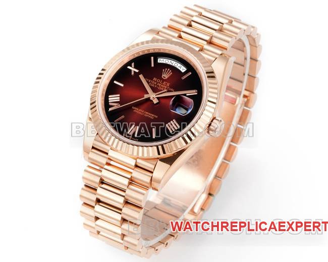 top-tier replica watch Rolexrose goldPPM factory Day-Date mechanical gradient brown dial Roman numerals front live photo