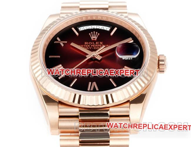 top-tier replica watch Rolexrose goldPPM factory Day-Date mechanical gradient brown dial Roman numerals front live photo