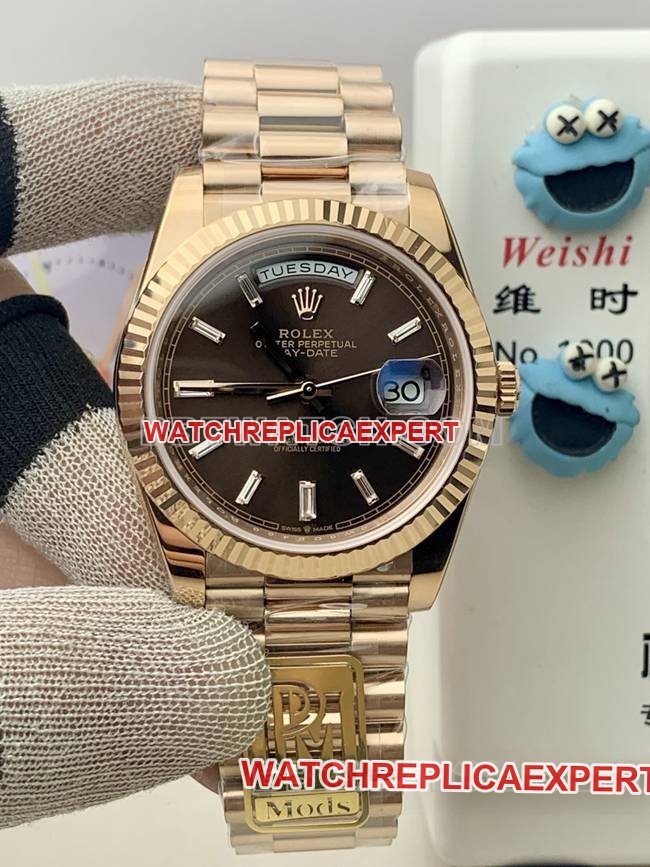 A melhor réplica Rolex PPM Factory Day-Date mecânico rosa ouro mostrador marrom — luxury replica watch guide | Watch Replica Expert