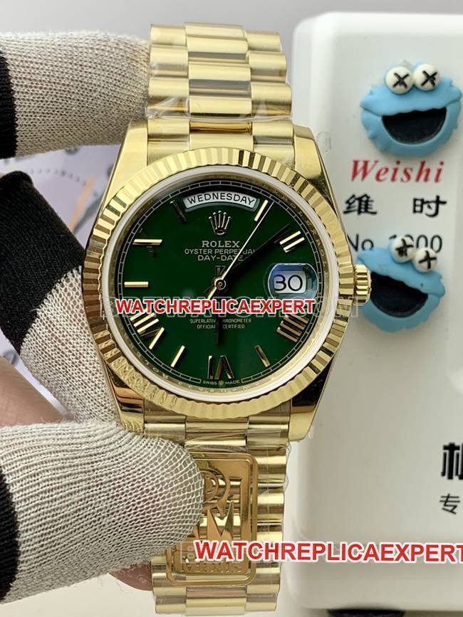 Melhor réplica de relógio Rolex P0 Gold PPM Factory Day-Date Mecânico Mostrador Verde Algarismos Romanos — luxury replica watch guide | Watch Replica Expert