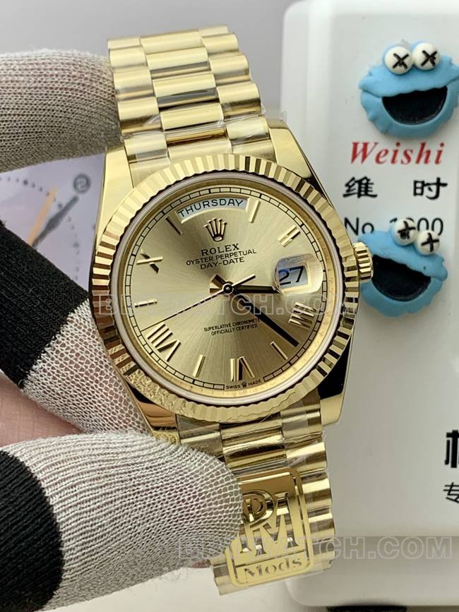 top-tier replica watch Rolexyellow goldPPM factory Day-Date mechanical gold plate Roman numerals front live photo