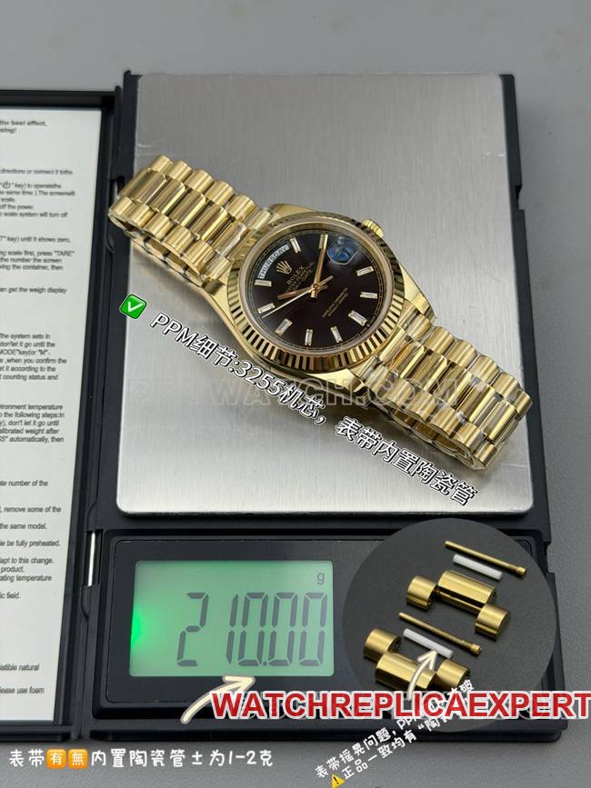 Best replica watch Rolexblack dialPPM factory Day-Date mechanical yellow gold weight live photos
