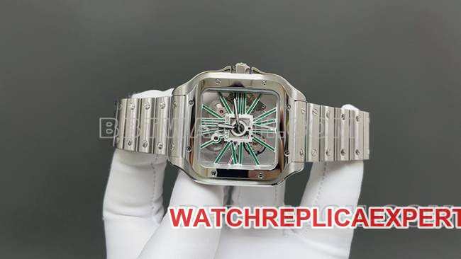Best replica watch CartierMLF factory Santos green hollow disc mechanical front live photo