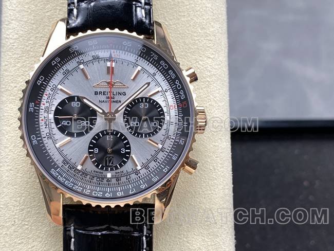 Best replica watch aviation chronographBLS factory Breitlingrose gold silver gray plate leather strap model front live photo