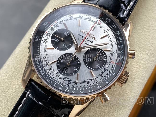 Best replica watch aviation chronographBLS factory Breitlingrose gold silver gray plate leather strap model front live photo