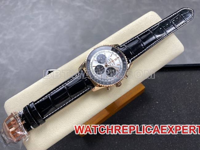 Best replica watch aviation chronographBLS factory Breitlingrose gold silver gray plate leather strap model front live photo