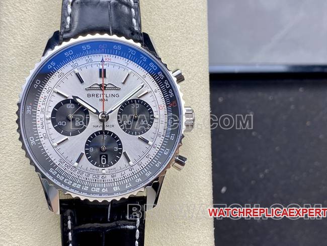Super clone watch BLS factory aviation chronographBreitling silver gray plate brown leather strap model front live photo