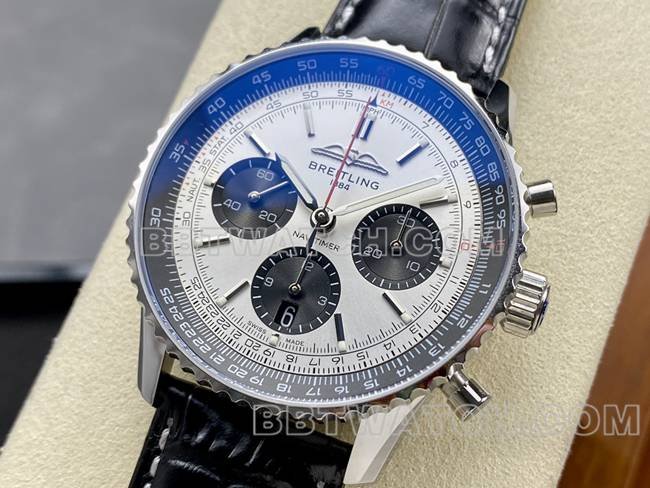 Super clone watch BLS factory aviation chronographBreitling silver gray plate brown leather strap model front live photo