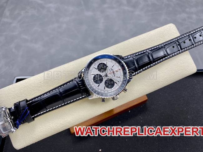 Super clone watch BLS factory aviation chronographBreitling silver gray plate brown leather strap model front live photo