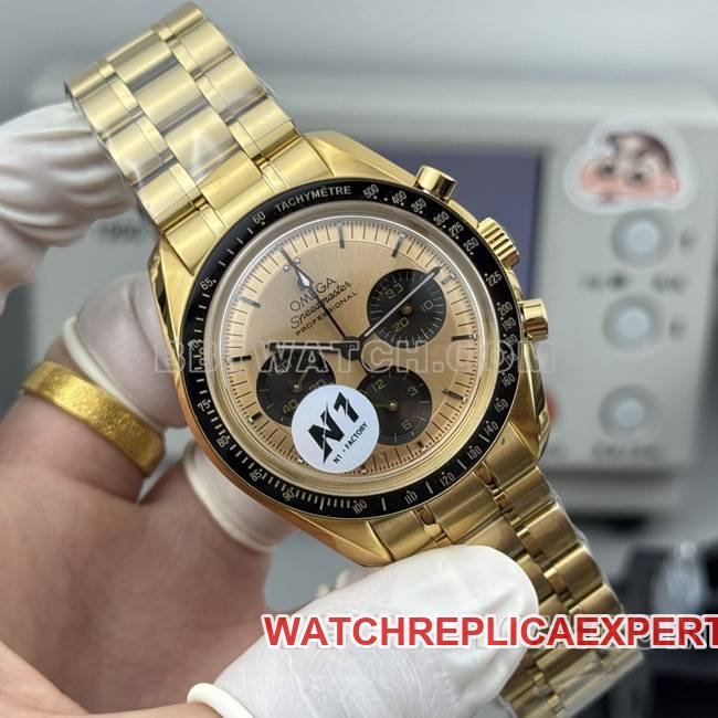 Best replica watch Speedmaster N1 factory Omega gold plate yellow goldsteel bracelet model front live photo