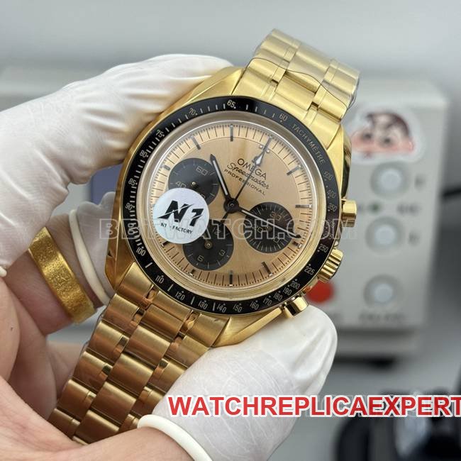 Best replica watch Speedmaster N1 factory Omega gold plate yellow goldsteel bracelet model front live photo