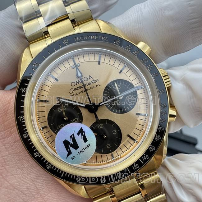 Best replica watch Speedmaster N1 factory Omega gold plate yellow goldsteel bracelet model front live photo