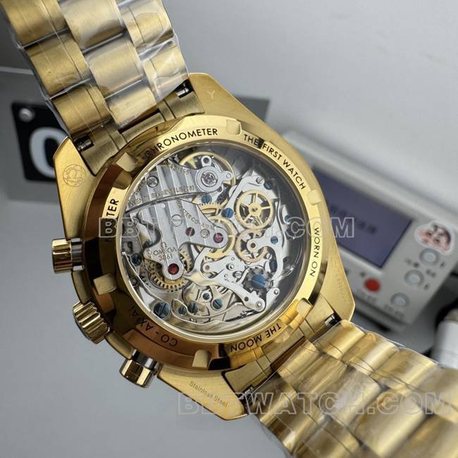 Best replica watch Speedmaster N1 factory Omega gold plate yellow goldsteel bracelet caseback live photo
