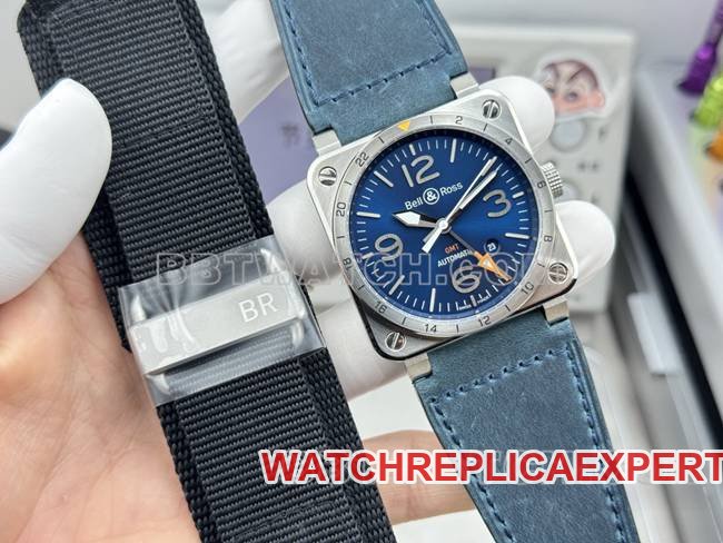 top-tier replica watch Bellis blue dial 42mm dual time zone leather strap model front live photo