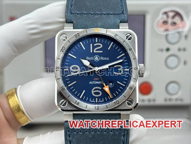 top-tier replica watch Bellis blue dial 42mm dual time zone leather strap model front live photo